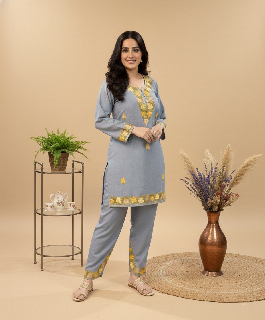 Grey With Yellow Aari Embroidered Cotton Co Ord Set- Apple cut Shalwar Design