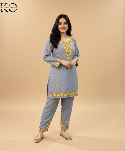 Grey With Yellow Aari Embroidered Cotton Co Ord Set- Apple cut Shalwar Design