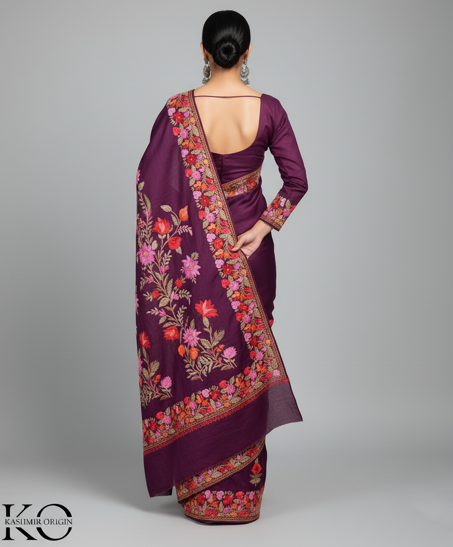 WineTop Seller Multifloral Aari Embroidered Kashmiri Pure Silk Saree