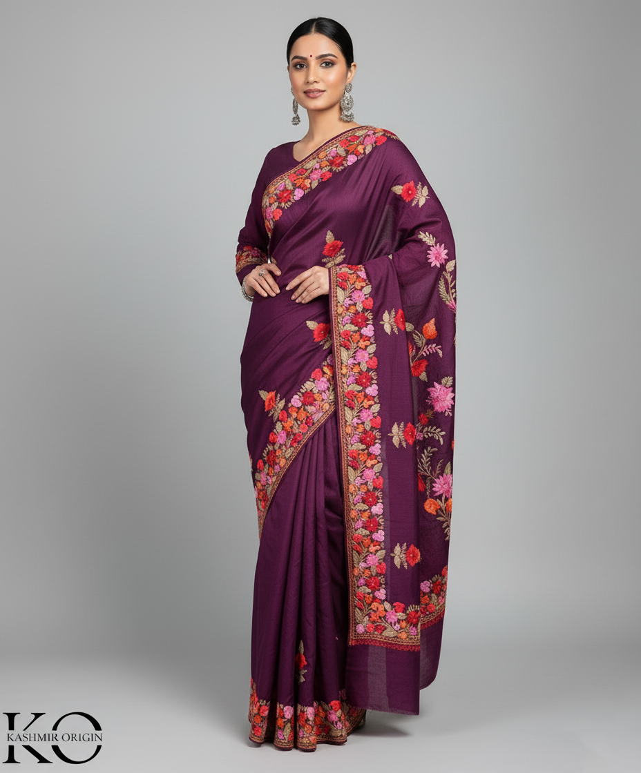 WineTop Seller Multifloral Aari Embroidered Kashmiri Pure Silk Saree