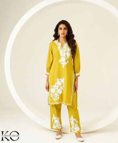 Sun Yellow & White Aari Embroidered Kashmiri Co Ord Set