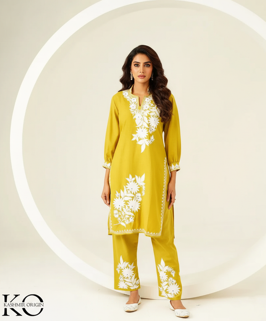 Sun Yellow & White Aari Embroidered Kashmiri Co Ord Set