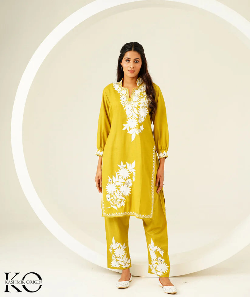 Sun Yellow & White Aari Embroidered Kashmiri Co Ord Set
