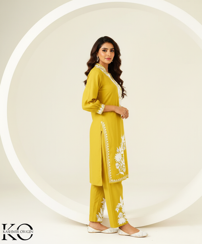 Sun Yellow & White Aari Embroidered Kashmiri Co Ord Set