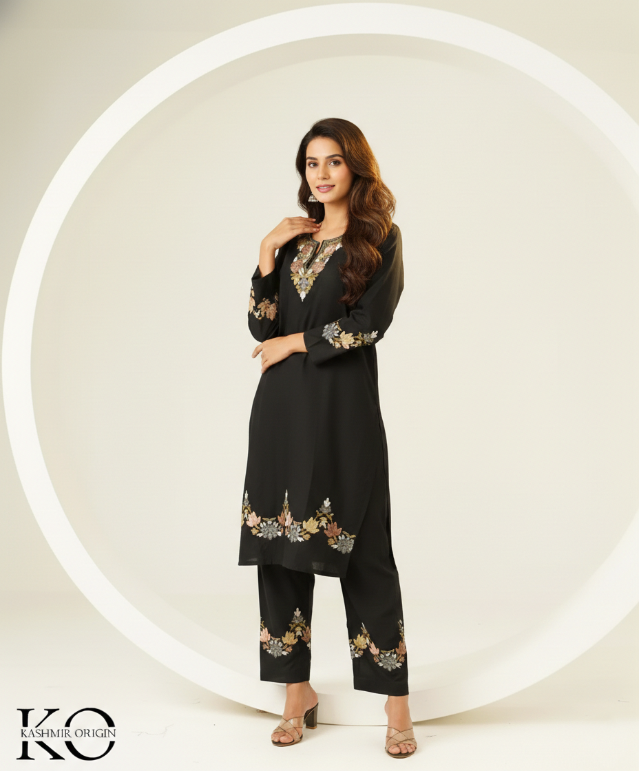 Black Poshnaal U Design Aari Embroidered Kashmiri Co Ord Set