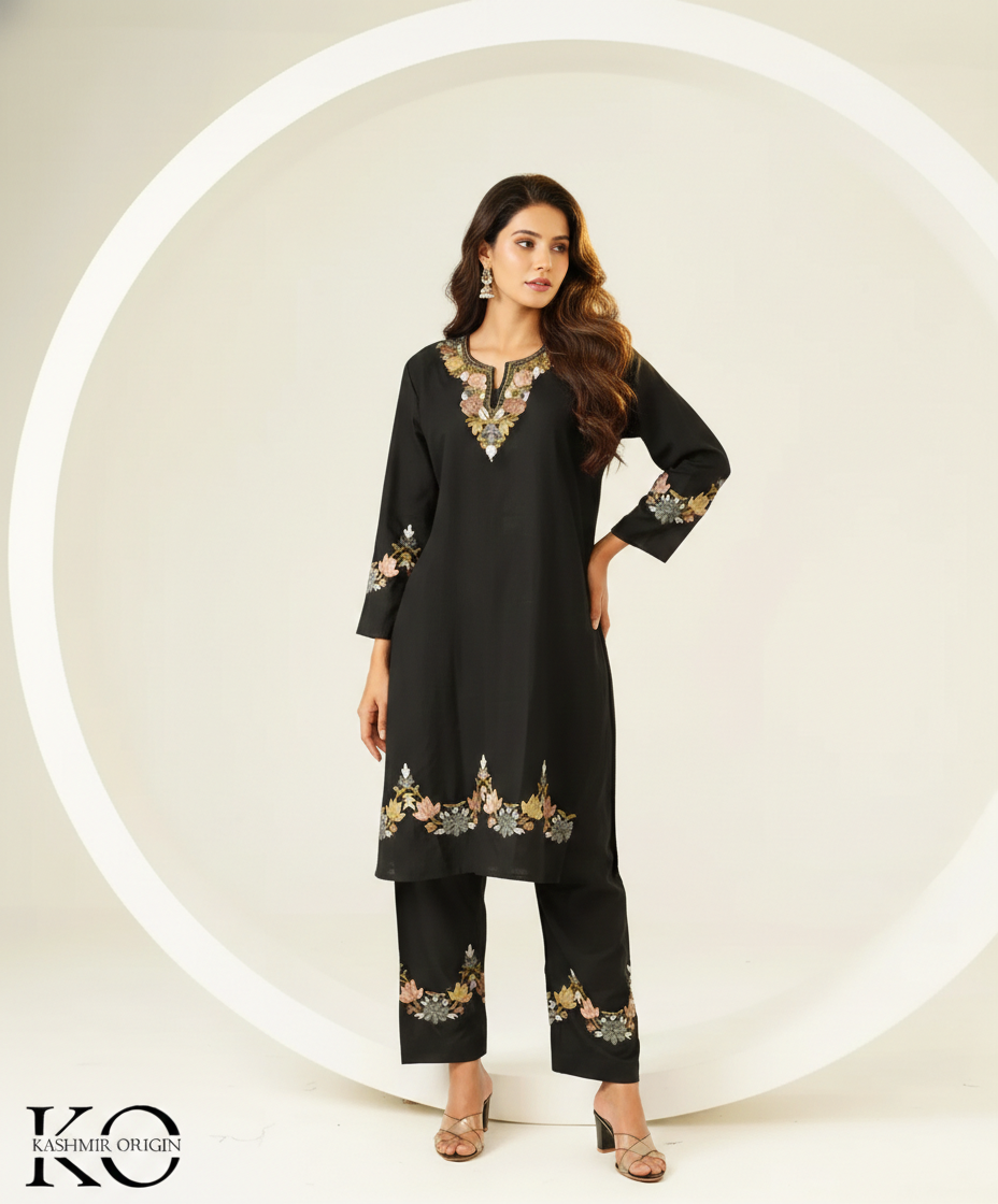 Black Poshnaal U Design Aari Embroidered Kashmiri Co Ord Set