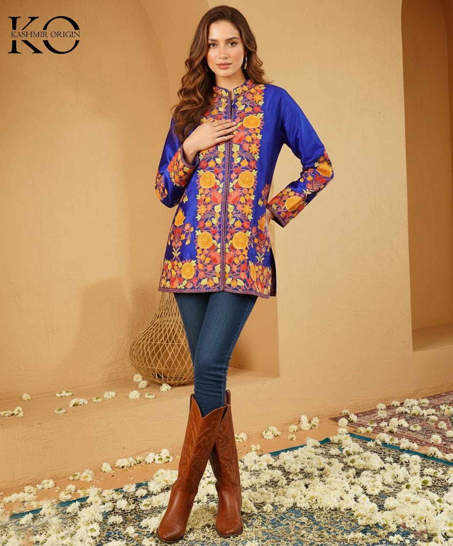 Royal Blue Aari Embroidered Kashmiri Short Silk Jacket |Silk Jacket for women | Short Jackets | Made in kashmir