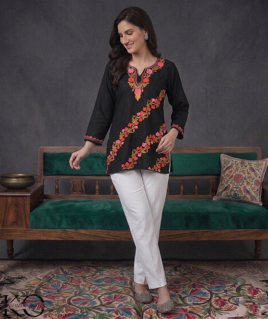 Black Cotton Short Kurti with Cross Floral Aari Embroidery | Casual Daily Wear | Kashmir Origin