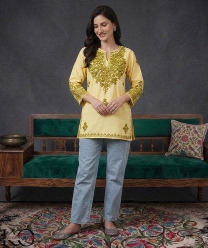 Beige & Green Aari Embroidered Kashmiri Cotton Kurti