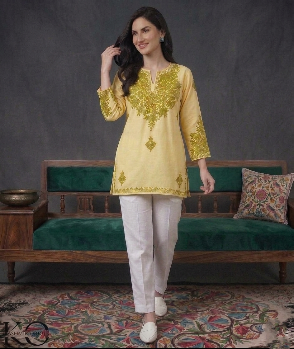 Beige & Green Aari Embroidered Kashmiri Cotton Kurti