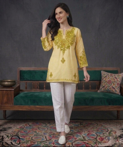 Beige & Green Aari Embroidered Kashmiri Cotton Kurti