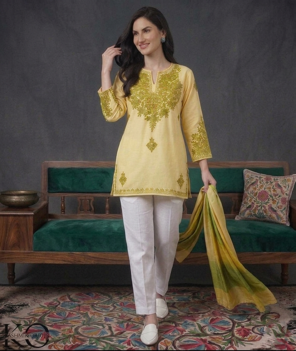 Beige & Green Aari Embroidered Kashmiri Cotton Kurti