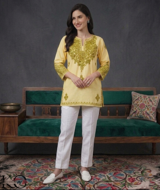 Beige & Green Aari Embroidered Kashmiri Cotton Kurti