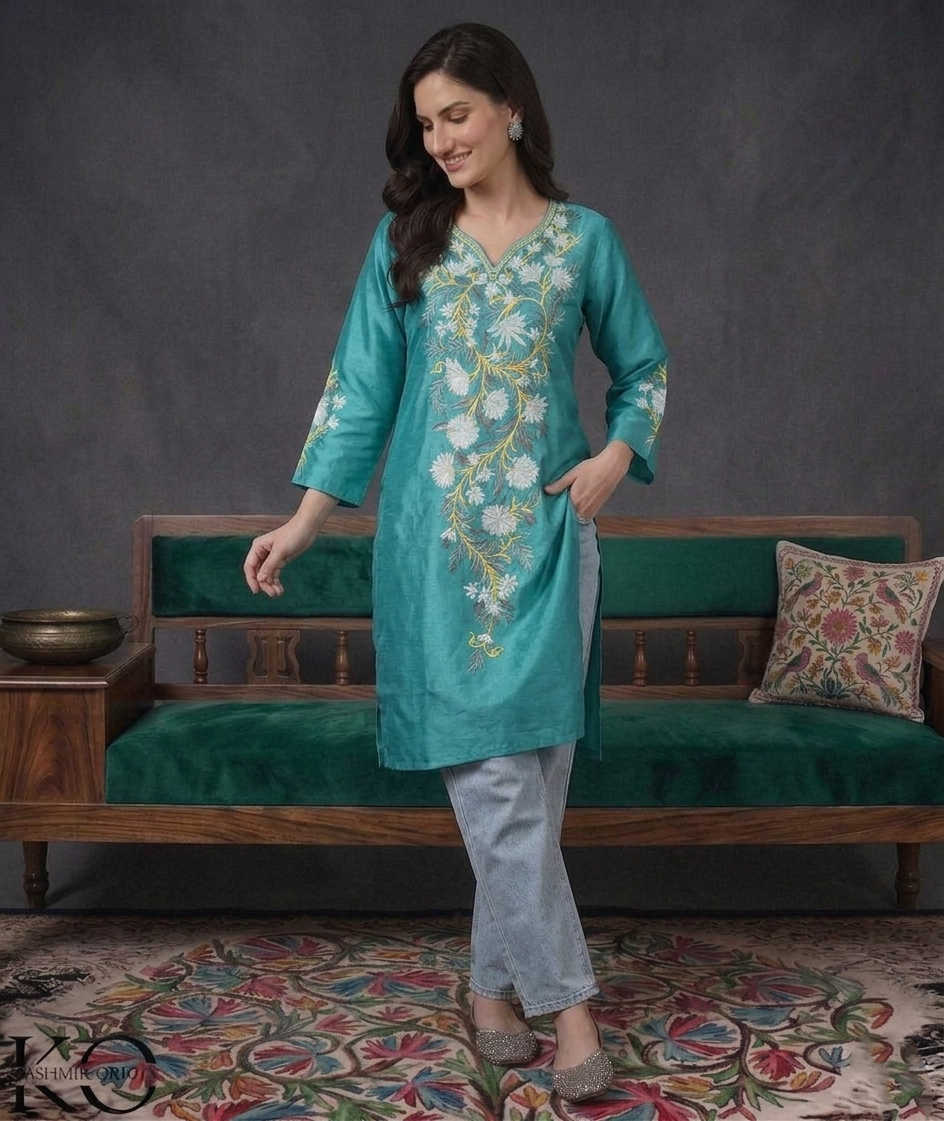 Turquoise Green Kashmiri Silk Kurti with Aari Embroidery | Casual & Festive Wear | Kashmir Origin