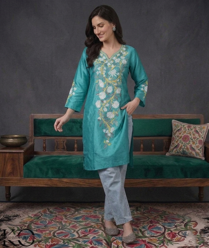 Turquoise Green Kashmiri Silk Kurti with Aari Embroidery | Casual & Festive Wear | Kashmir Origin