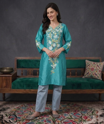 Turquoise Green Kashmiri Silk Kurti with Aari Embroidery | Casual & Festive Wear | Kashmir Origin
