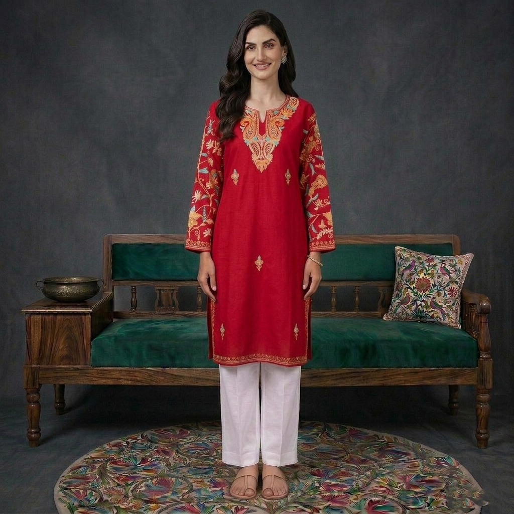 Red Arm Design Aari Embroidered Kashmiri Cotton Kurti