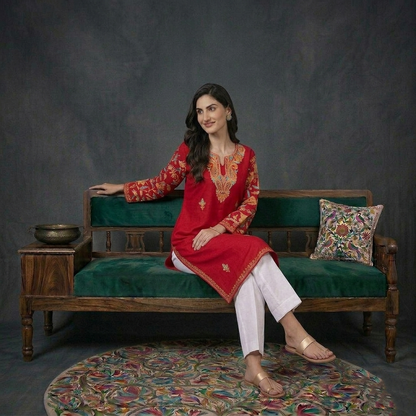 Red Arm Design Aari Embroidered Kashmiri Cotton Kurti