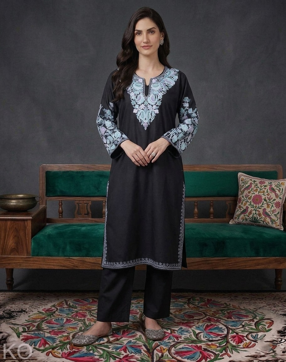 Black Arm Design Aari Embroidered Kashmiri Cotton Kurti