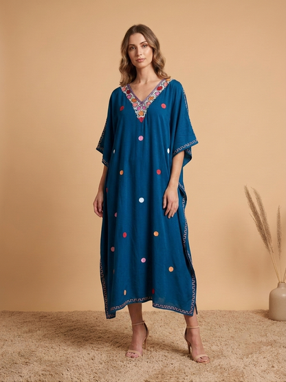 Teal Blue Kashmiri Aari Embroidered Rayon Cotton Kaftan with Polka Motifs