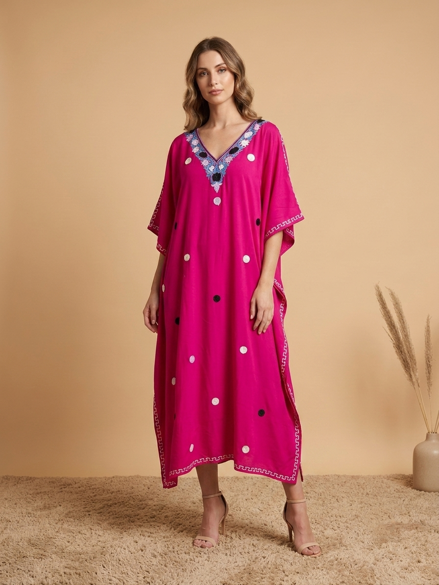 Coral Peach kashmiri Aari Embroidered Rayon Cotton Kaftan with Polka Motifs