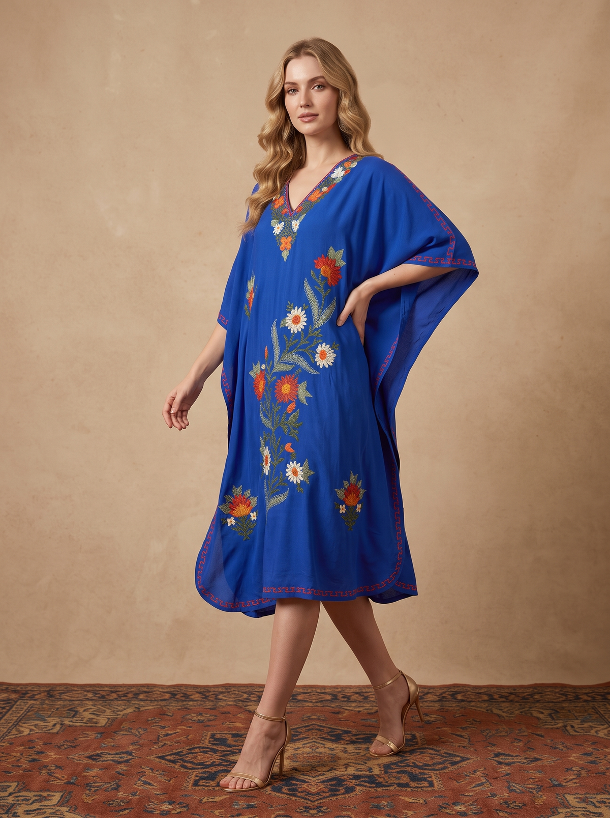 Royal Blue Rayon Cotton Floral Vine Climb Design Kashmiri Kaftan
