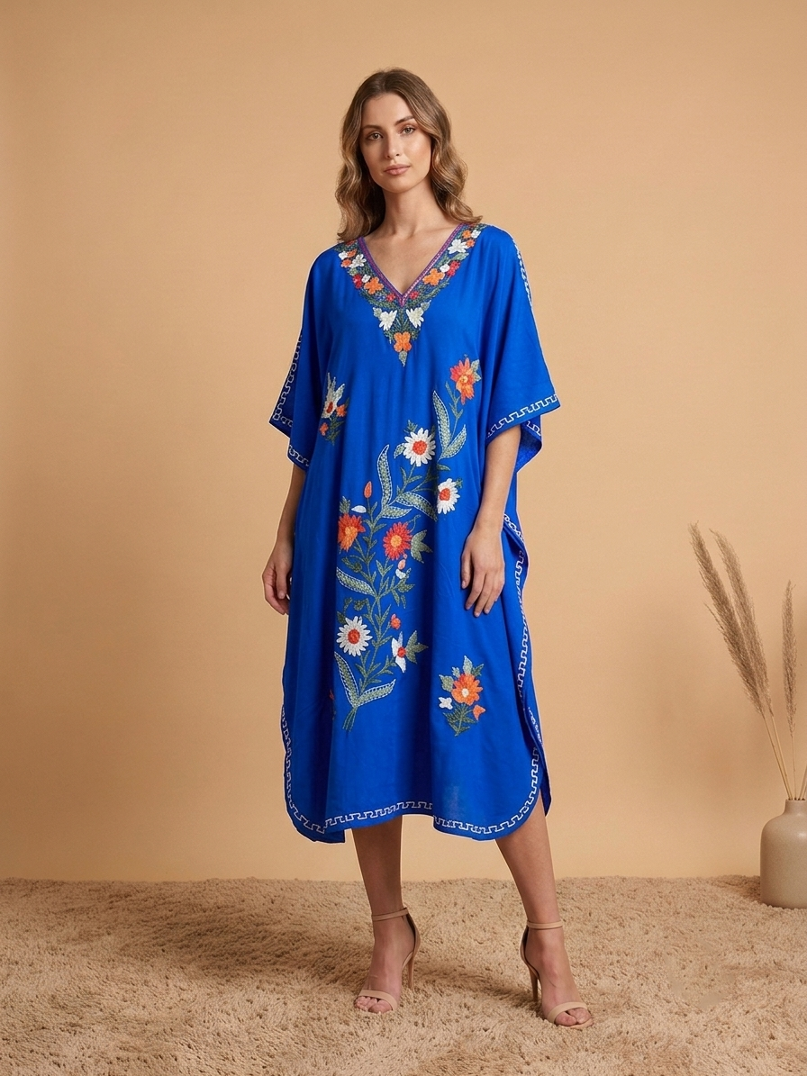 Royal Blue Rayon Cotton Floral Vine Climb Design Kashmiri Kaftan