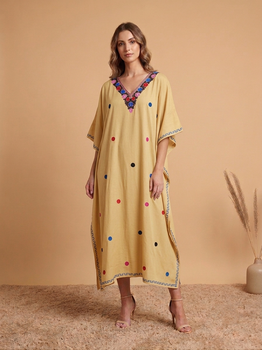 Beige Aari Embroidered Kashmiri Rayon Cotton Dotted Kaftan