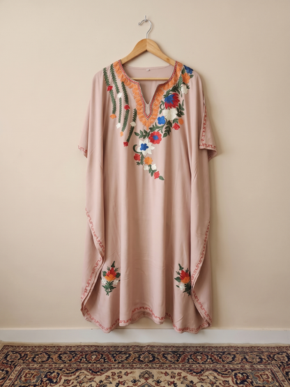 Light Rose Pink Aari Embroidered Floral Spray Rayon Cotton Kaftan with
