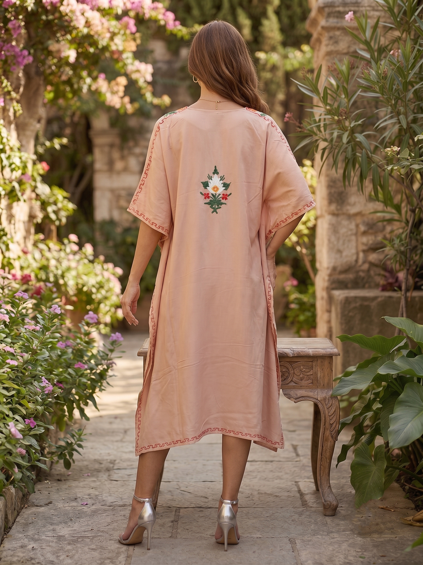 Light Rose Pink Aari Embroidered Floral Spray Rayon Cotton Kaftan with