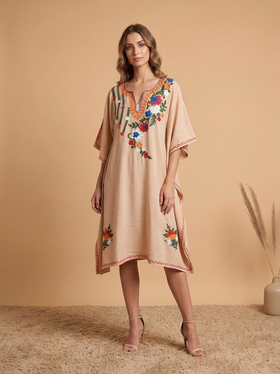 Light Rose Pink Aari Embroidered Floral Spray Rayon Cotton Kaftan with