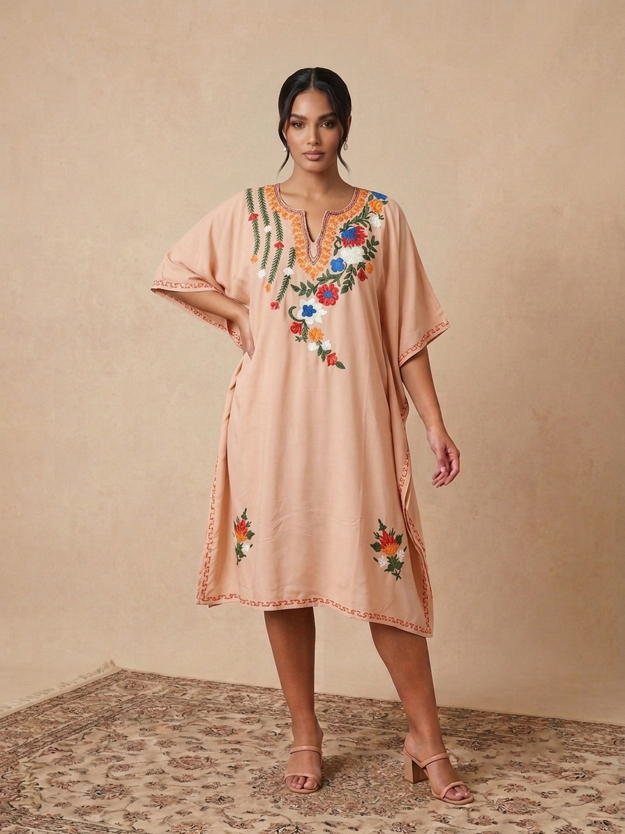 Light Rose Pink Aari Embroidered Floral Spray Rayon Cotton Kaftan with
