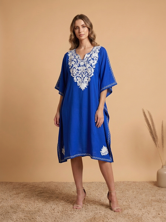 Royal Blue Kashmiri Rayon Cotton Kaftan with White Embroidery