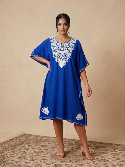 Royal Blue Kashmiri Rayon Cotton Kaftan with White Embroidery