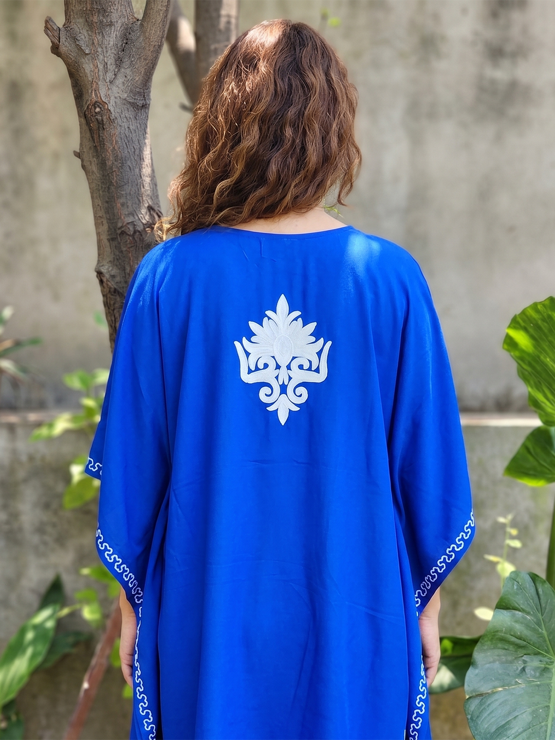 Royal Blue Kashmiri Rayon Cotton Kaftan with White Embroidery