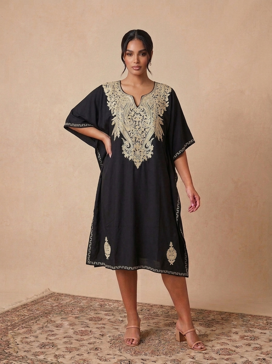 Black Paisley Aari Embroidered Rayon Cotton Kaftan