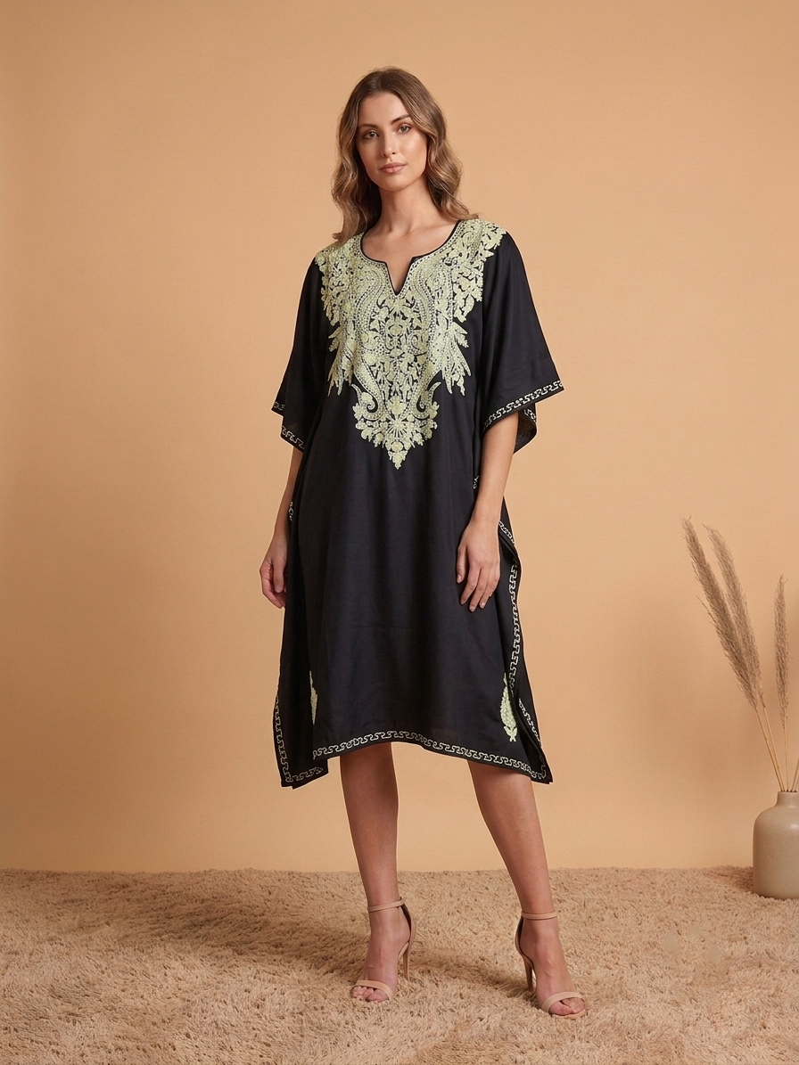 Black Paisley Aari Embroidered Rayon Cotton Kaftan