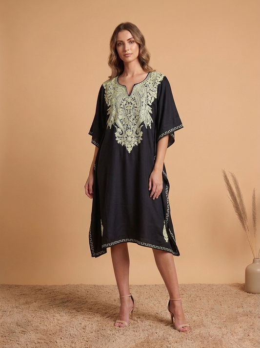 Black Paisley Aari Embroidered Rayon Cotton Kaftan