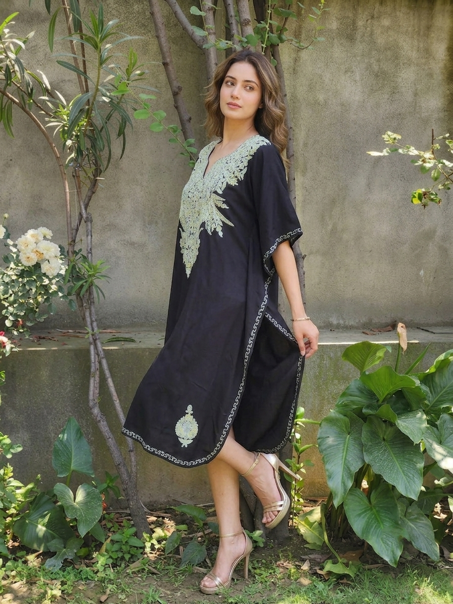 Black Paisley Aari Embroidered Rayon Cotton Kaftan