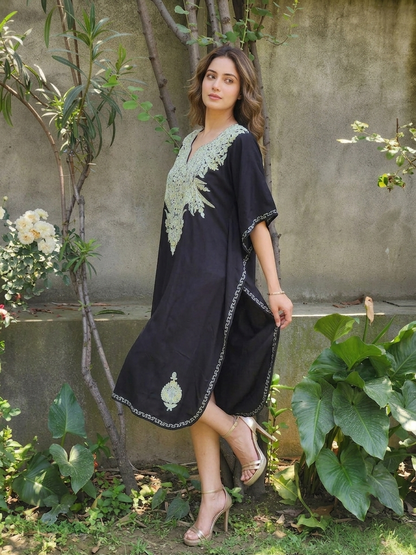 Black Paisley Aari Embroidered Rayon Cotton Kaftan