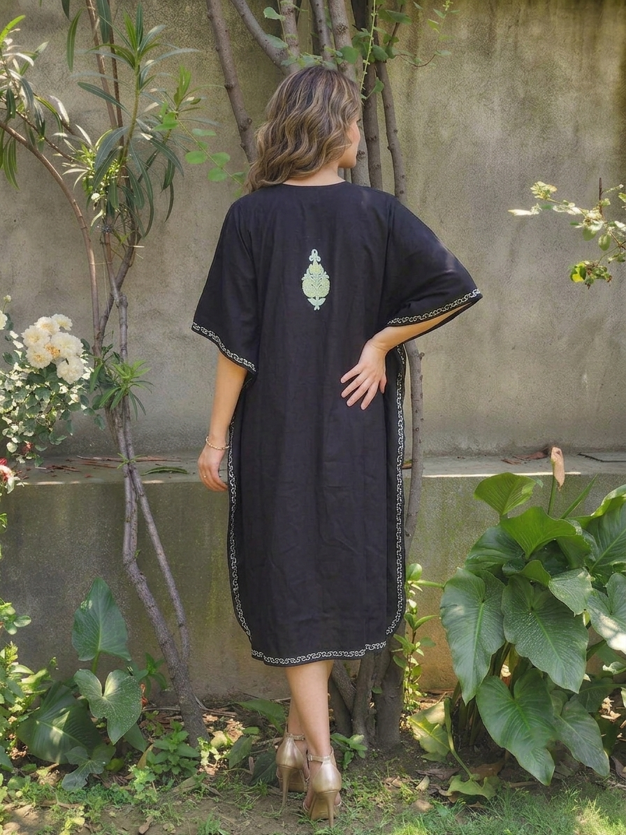 Black Paisley Aari Embroidered Rayon Cotton Kaftan