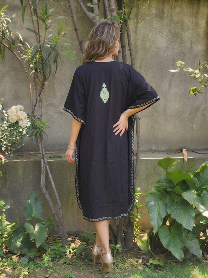 Black Paisley Aari Embroidered Rayon Cotton Kaftan