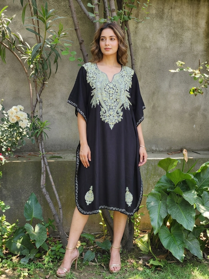 Black Paisley Aari Embroidered Rayon Cotton Kaftan