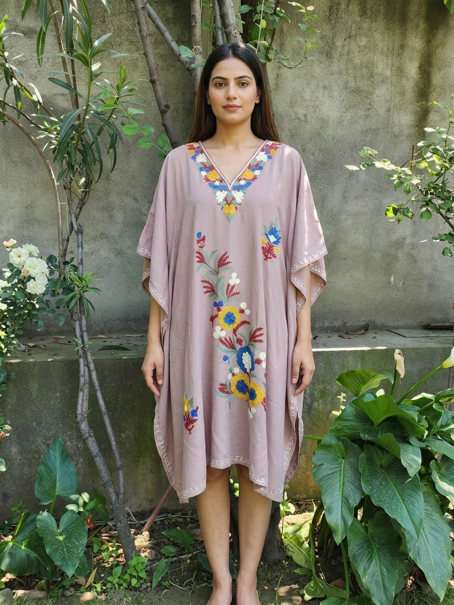Mauve Aari Embroidered floral vine Design Kashmiri Kaftan