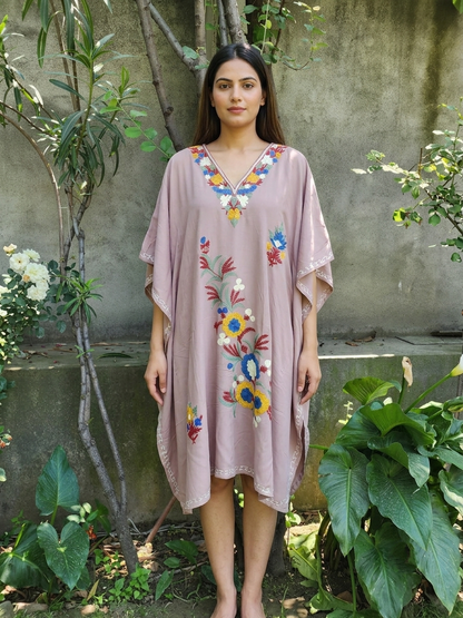 Mauve Aari Embroidered floral vine Design Kashmiri Kaftan