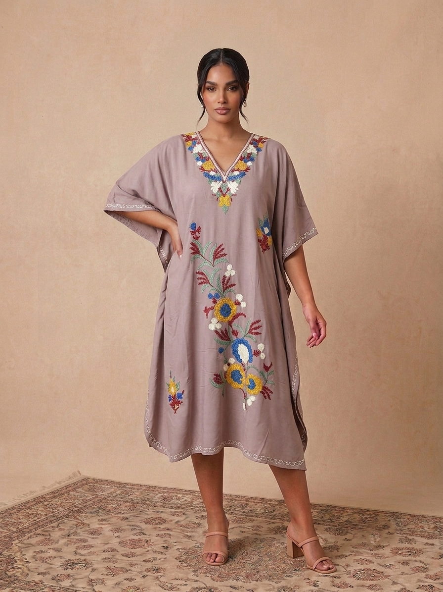 Mauve Aari Embroidered floral vine Design Kashmiri Kaftan