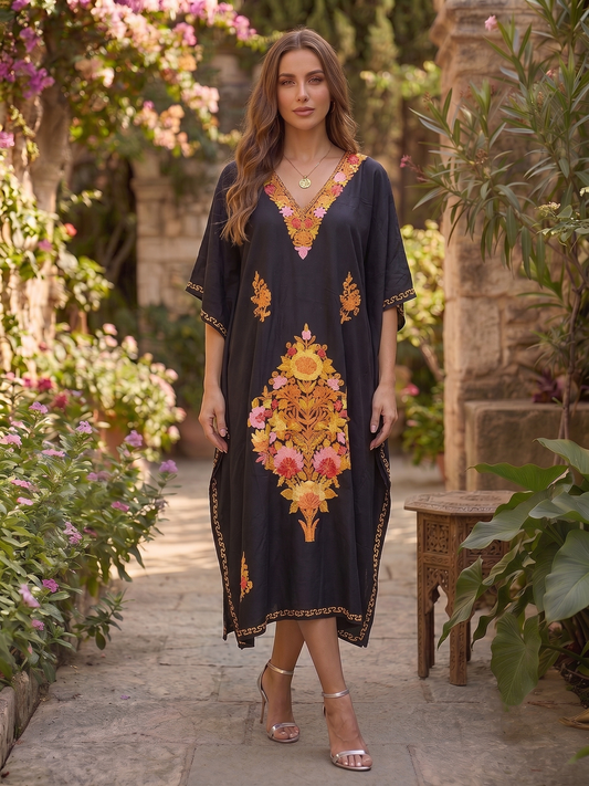 Black Gold Aari Embroidered kashmiri Rayon Cotton Kaftan
