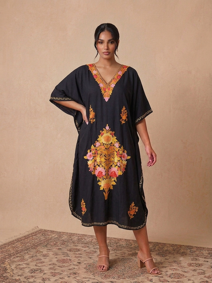 Black Gold Aari Embroidered kashmiri Rayon Cotton Kaftan