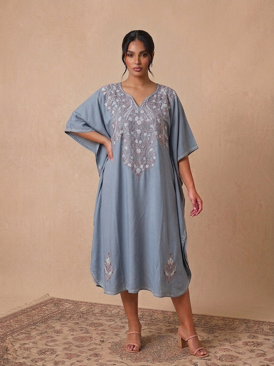 Grey Paisley Aari Embroidered Kashmiri Rayon Cotton Kaftan