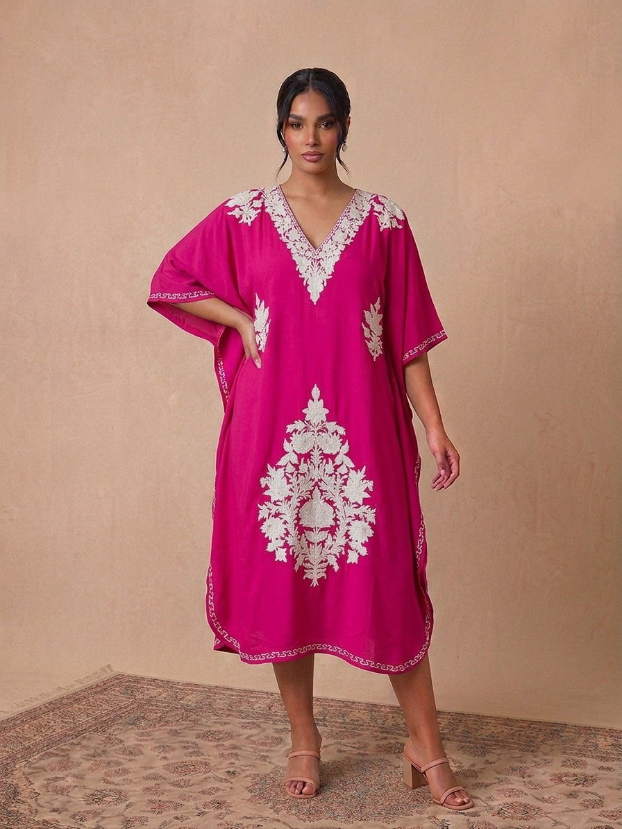 Magenta & White Floral Rayon Cotton Aari Embroidered Kaftan